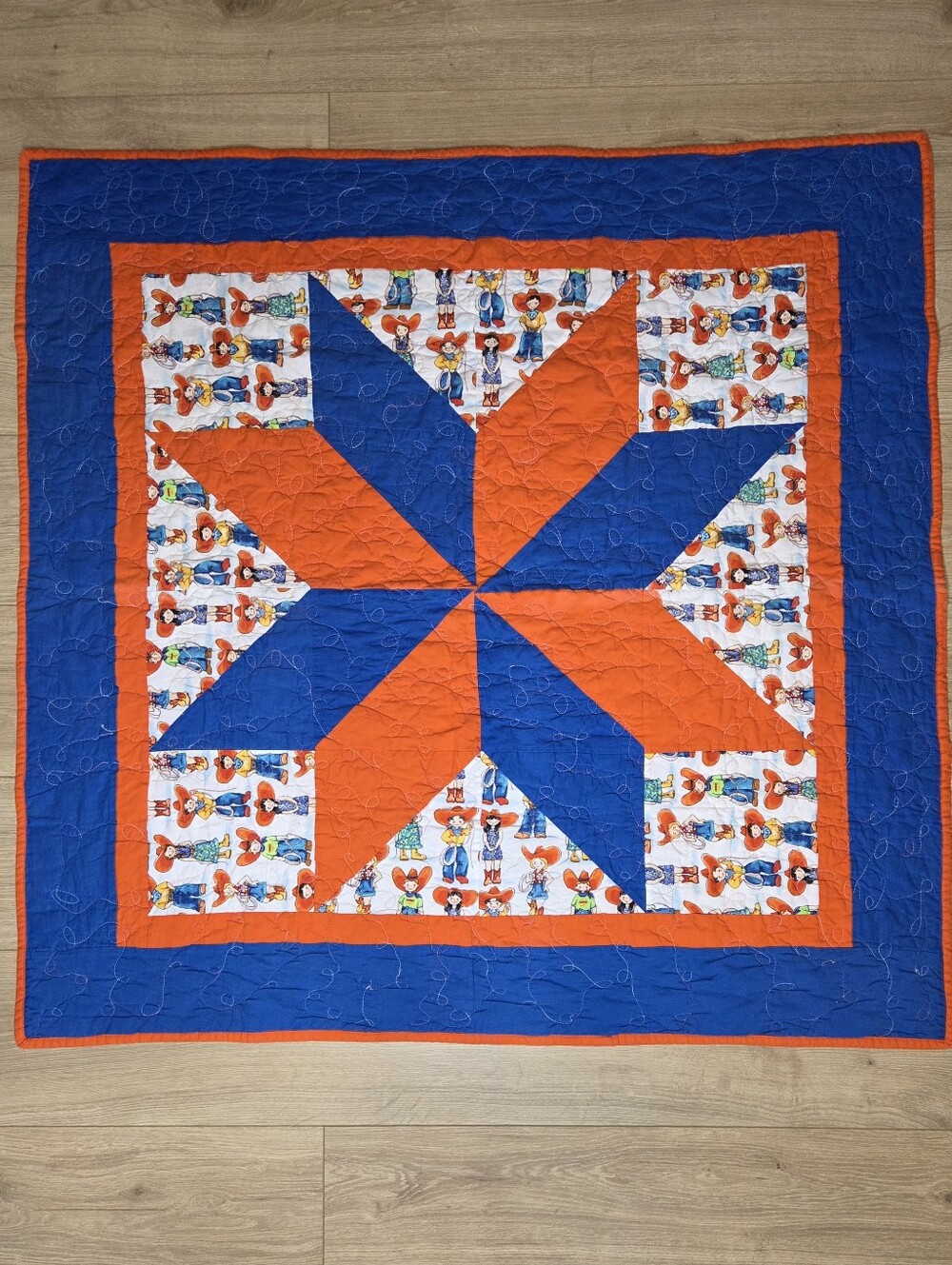 Handmade Western Cowboy Baby Quilt Blanket Pinwheel Crib 40x40 Patchwork Broncos